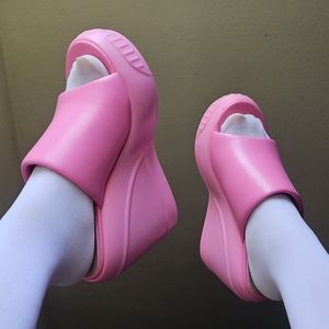 Lemonade Ocean-Eyes Peep Toe Platform Wedge Heel Mule In Pink Rubber 💗